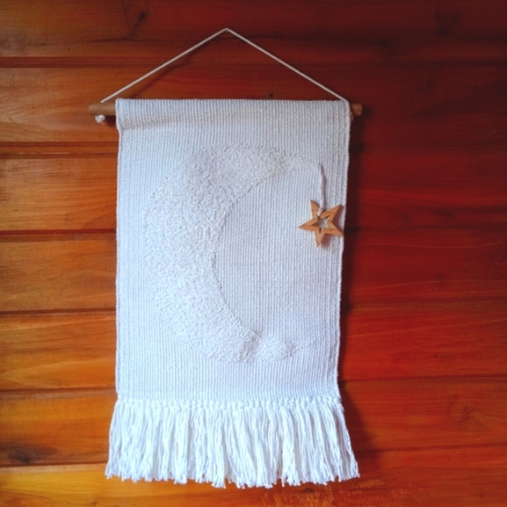 CLOUD ISLAND Hanging Wall Decor Moon and Star Ivory Fringed Celestial